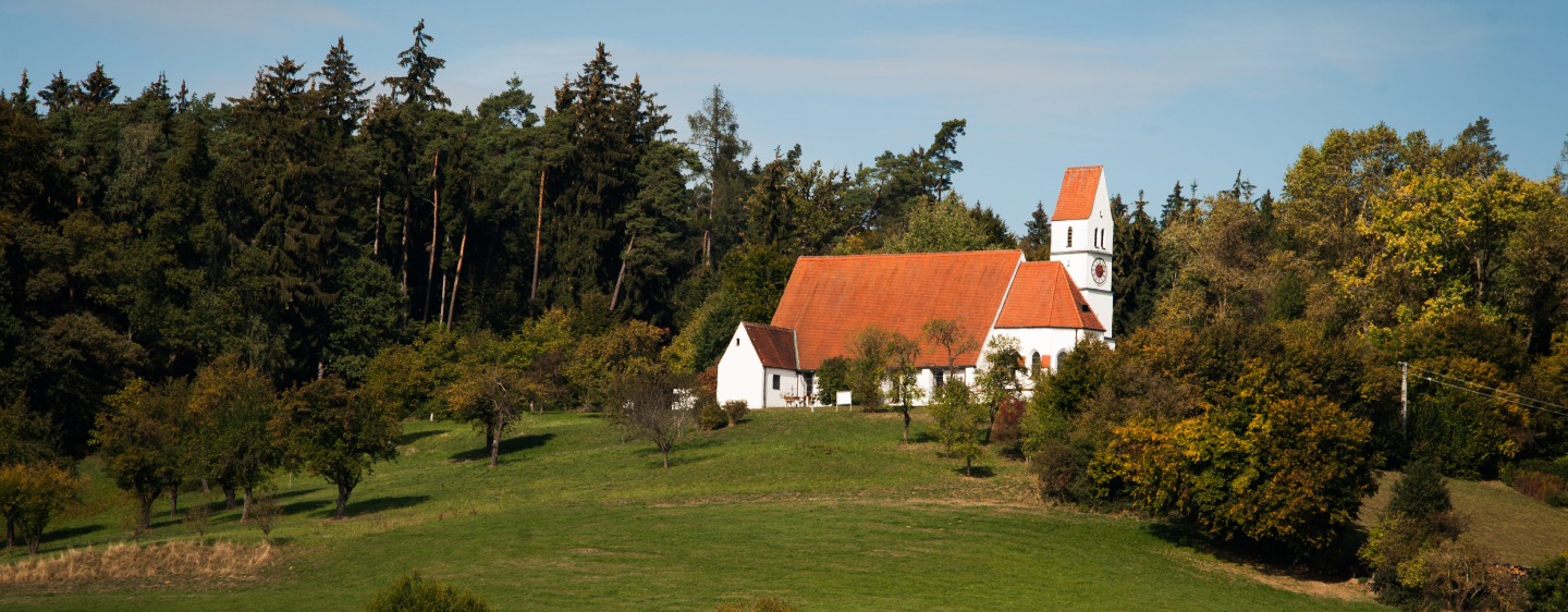 Kirche St. Georg in Hohenried umrahmt von Wald, Obstbäumen und Wiesen