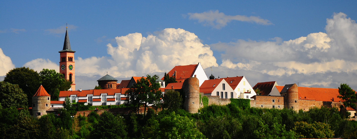 Stadtansicht von Friedberg mit Stadtmauer, Kirche, Türmen und Häusern