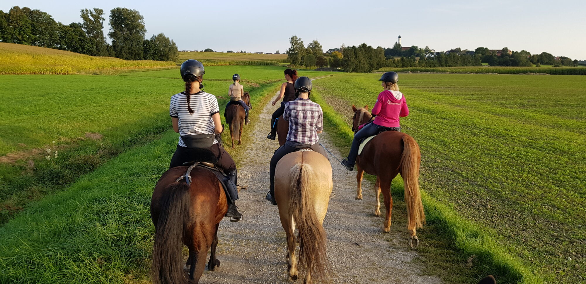Fünf Frauen reiten auf Pferden über einen Feldweg. Links und rechts von Ihnen sind Felder. Der Himmel ist blau. Im Hintergrund ist ein Dorf zu sehen, dessen Kirchturm weiter überragt.