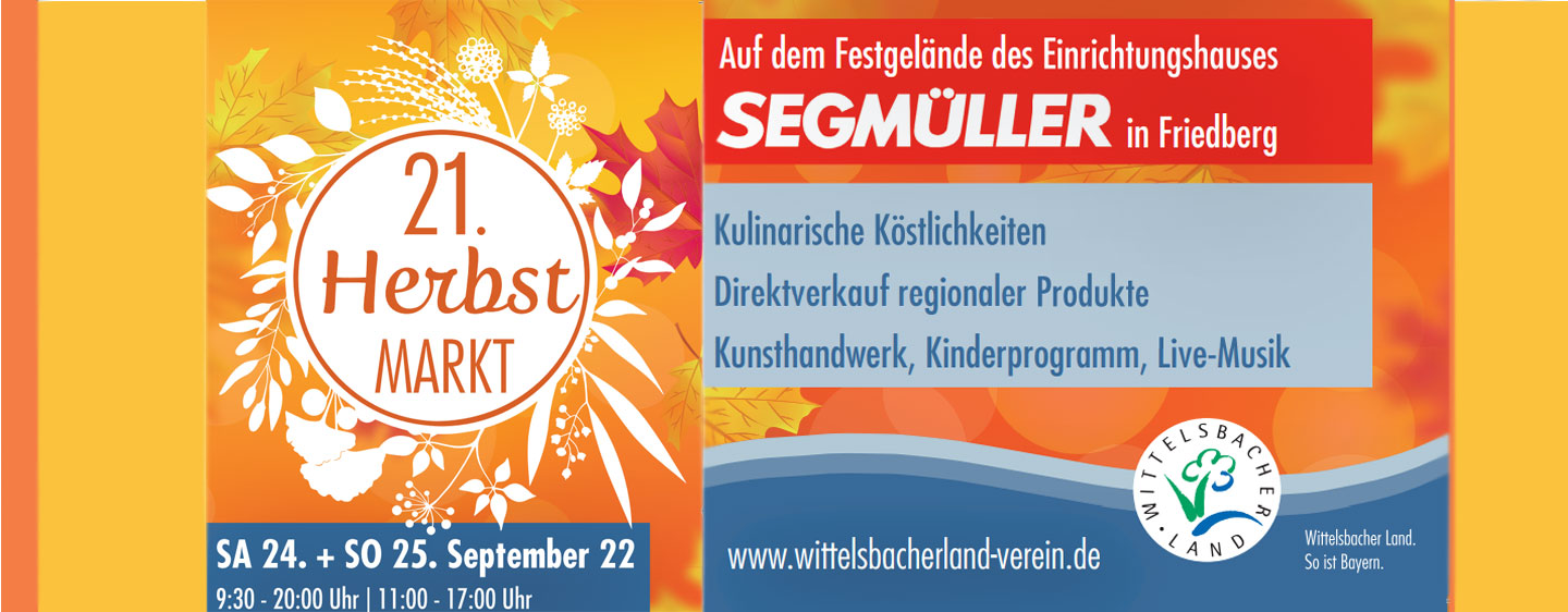 Flyer mit Programm des 21. Herbstmarktes auf dem Festgelände des Einrichtungshauses Segmüller in Friedberg in herbstlichem Design mit Blättern und Blüten