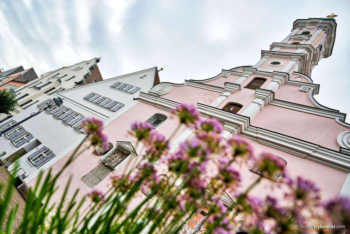 Rosafarbenes Portal der Spitalkirche in Aichach. Rosafarbene Blumen im Vordergrund